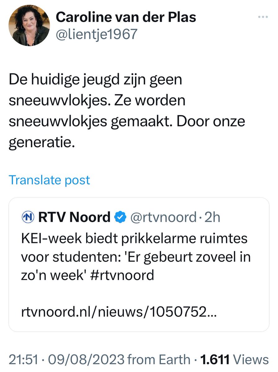 #rtvnoord  ik ga ervanuit dat jullie nog een interview down tijdens de kei week wat de gebruikers van deze ruimte van deze (ondertussen verwijderde) tweet van <a href="/lientje1967/">Caroline van der Plas</a> vinden? @ds_deventer @NietLientje  <a href="/rtvnoord/">RTV Noord</a>