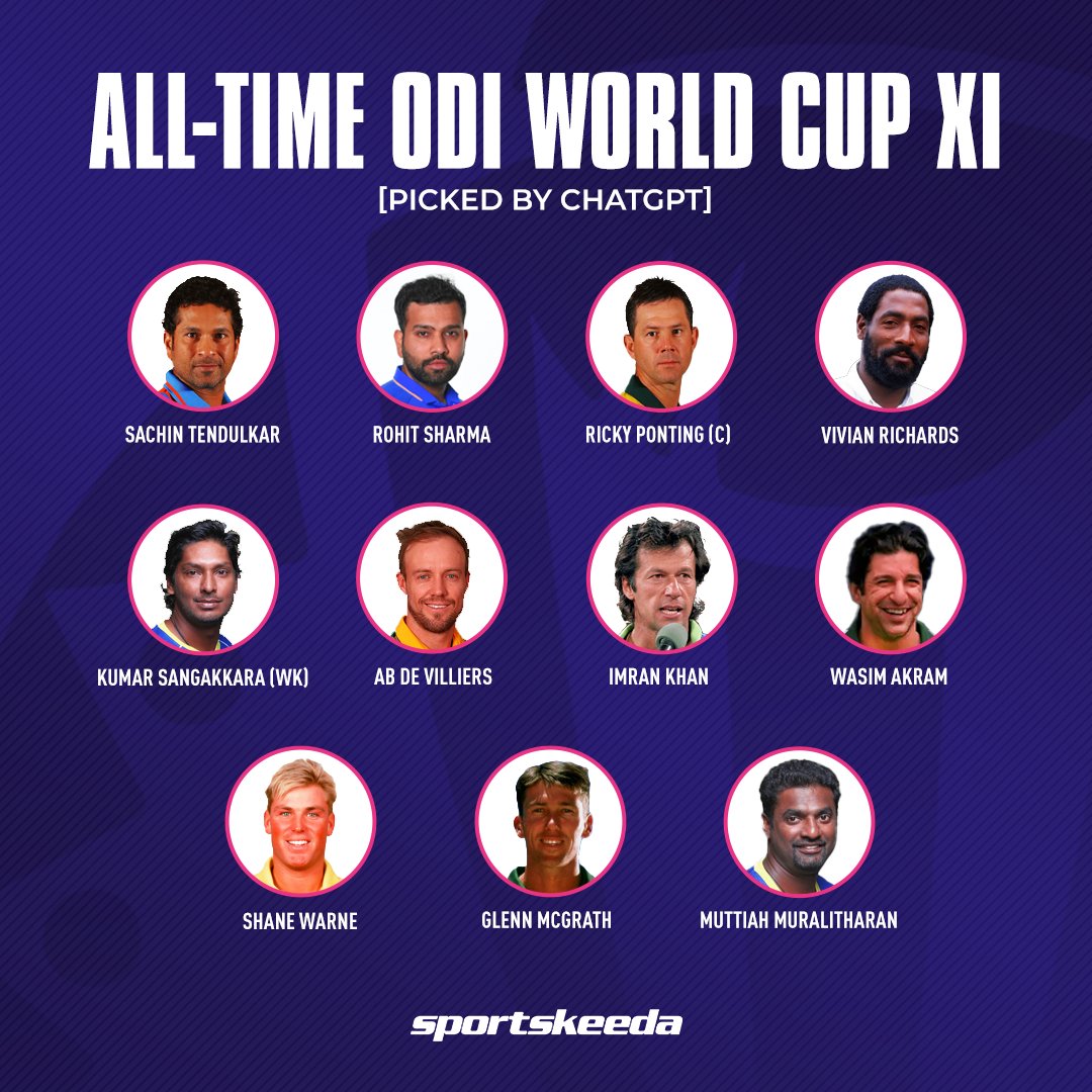 Sportskeeda's tweet photo. The star-studded all-time XI picked by ChatGPT for the ODI World Cup. 🏏

#CWC23 #WorldCup #SportsKeeda https://t.co/RE0o0GO7Y8