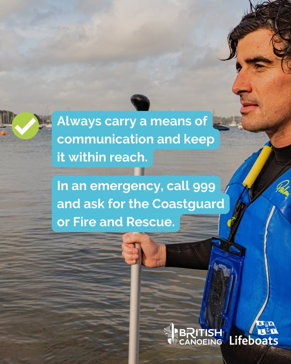 RNLI's tweet photo. Before you head out on your paddling trip, make sure you carry a means of communication. Keep it within easy reach and make sure it's fully charged. 

If in difficulty call 999 or 112 and call the Coastguard. ☎

#RNLI @BritishCanoeing #PaddleSafely https://t.co/3MLPLCFu2L