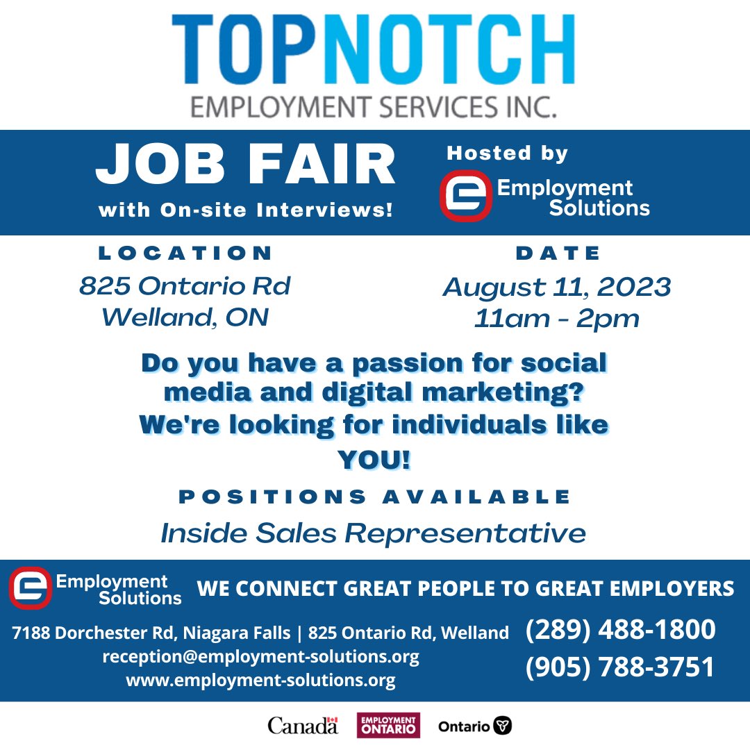 Come down to our Welland office at 825 Ontario Rd on August 11 for the opportunity to interview with an amazing company seeking Inside Sales Representatives.

Requirements:
Work Authorization in Canada
Level 5 English or greater
An Updated Resume

#jobsinwelland