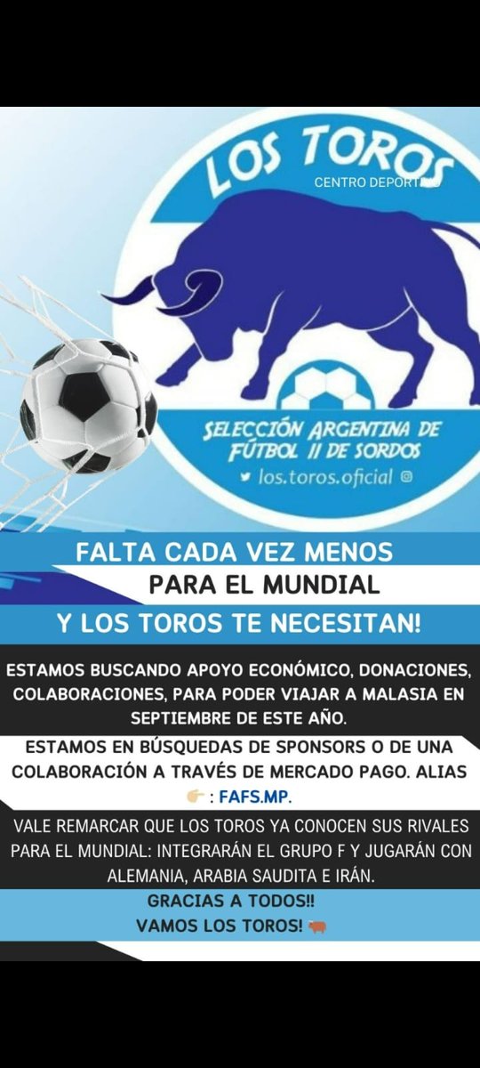 OrozDolores's tweet photo. Buenos días a todos!
La Selección Argentina de Sordos está buscando apoyo económico, colaboraciones, donaciones y sponsors para poder viajar al MUNDIAL en Malasia.
Agradecería muchísimo que lo difundan/retwitteen.🙏
🇦🇷 VAMOS LOS TOROS 🇦🇷 https://t.co/poQi22lxoR