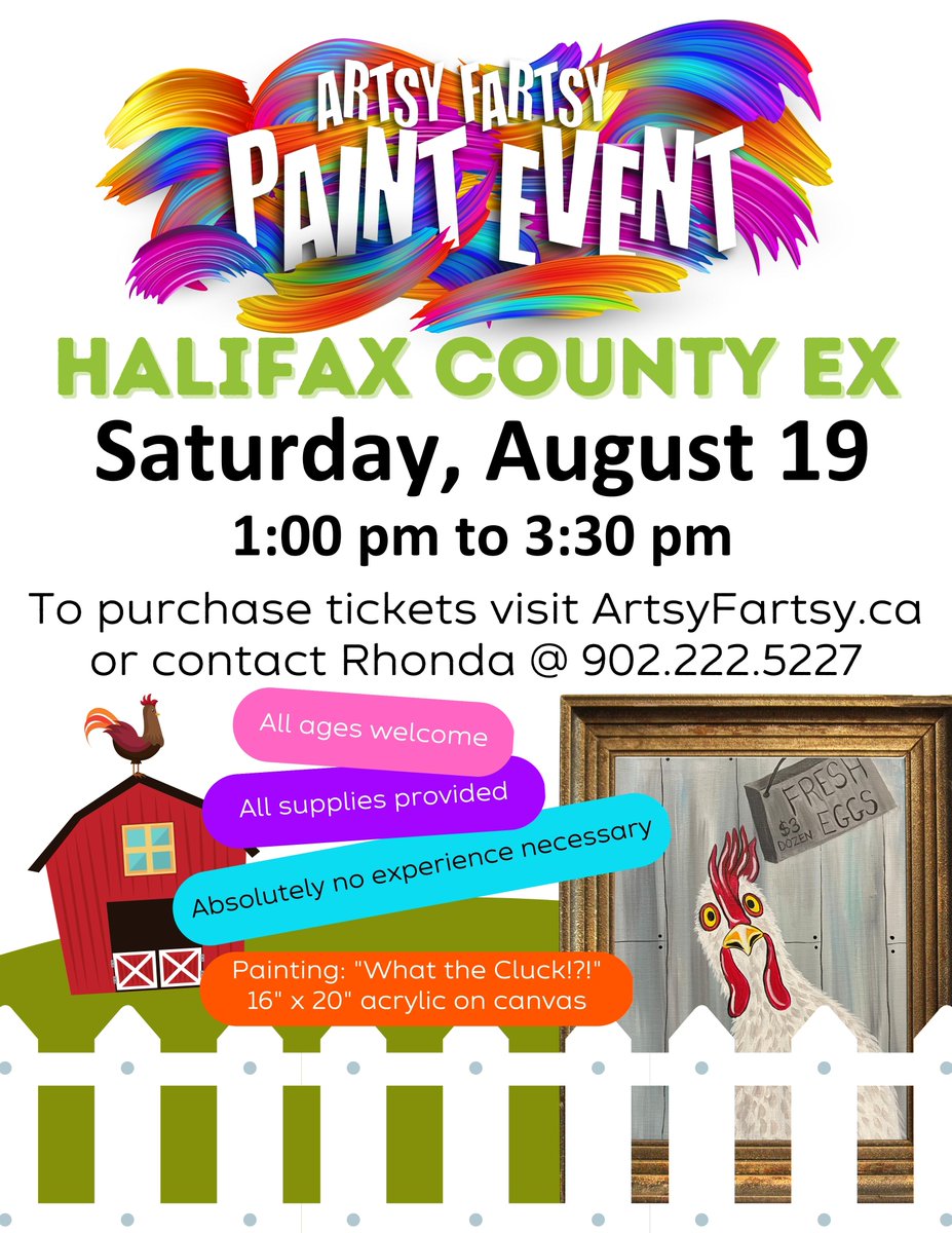 ArtsyFartsy_ca's tweet photo. Don't miss your chance to create your own masterpiece! We'll be at the Halifax County Ex on Saturday, August 19th. All supplies provided, no experience necessary. Grab a friend and get your tickets!
#artsyfartsy #diptapsqueezespank #halifaxcountyex #halifaxchamber #halifaxevents https://t.co/dMvUzdYfXe