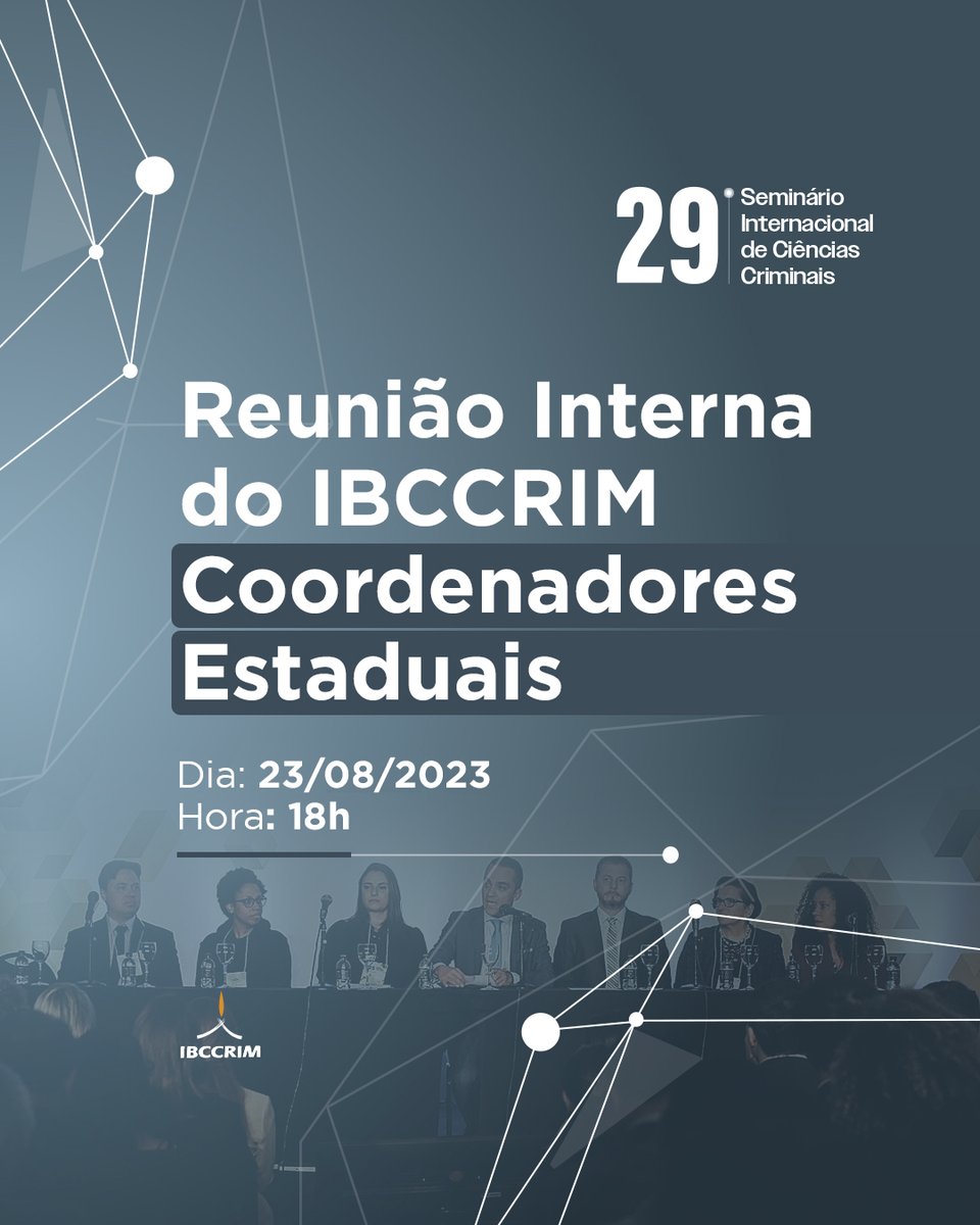 📅Coordenadores Estaduais do IBCCRIM, atenção:

No dia 23.08, às 18h, teremos uma reunião interna com todos os coordenadores estaduais. Será uma oportunidade de nos encontrar presencialmente para planejarmos os próximos passos. Quem desejar, poderá participar remoto.

Até lá!