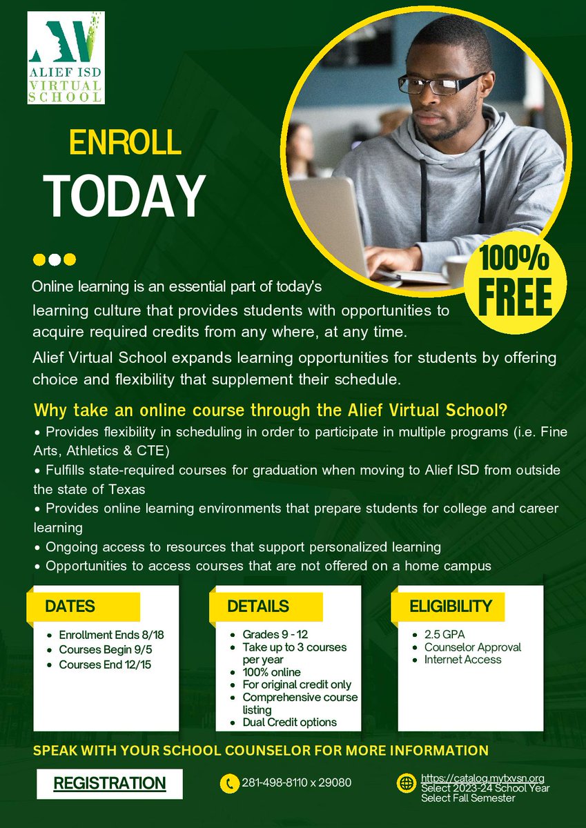 TxVSN Applications are Now Being Accepted! Alief Virtual School expands learning opportunities for students by offering choice and flexibility that supplement their schedule. For more information, please visit aliefisd.net/Page/15826.