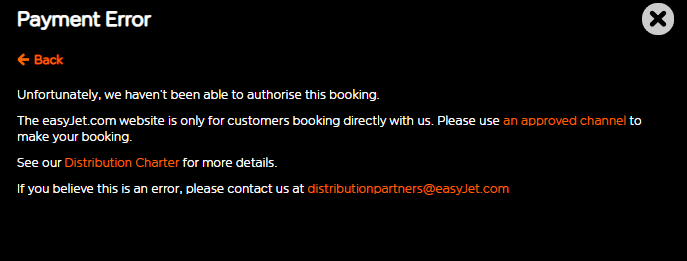 nsw1984's tweet photo. @easyJet trying to book a flight for the past 5 days, its clear you think I am a travel agent, but your reps keep saying to try again in one hour. Is it my political views you disagree with? Can you allow me to book a flight with my personal account and debit card please? https://t.co/ghm8jMrJS9