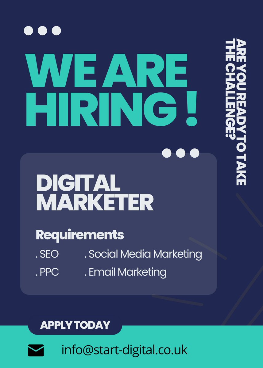 _startdigital's tweet photo. Announcement 📢📢 We are happy to announce that we are #hiring! So if you are an aspiring digital marketer whose good at Social Media, Email Marketing, PPC, SEO then reach out and send your CV to info@start-digital.co.uk https://t.co/4C4SXXixmT