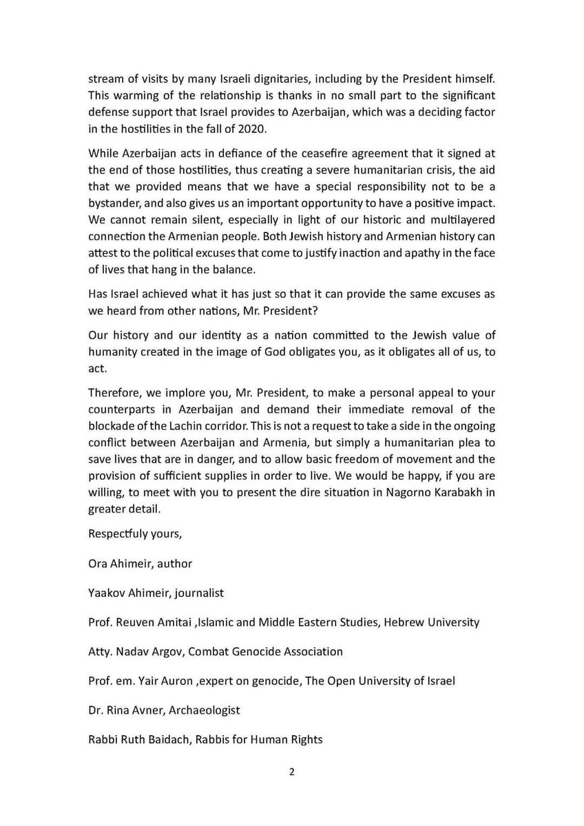301arm's tweet photo. A group of Israeli academics, journalists, intellectuals, and activists composed a letter addressed to Isaac Herzog, the President of the State of Israel. 

They urged him to leverage his influence and ties in order to prevent a mass famine that threatens to befall the people of Artsakh (Nagorno Karabakh).