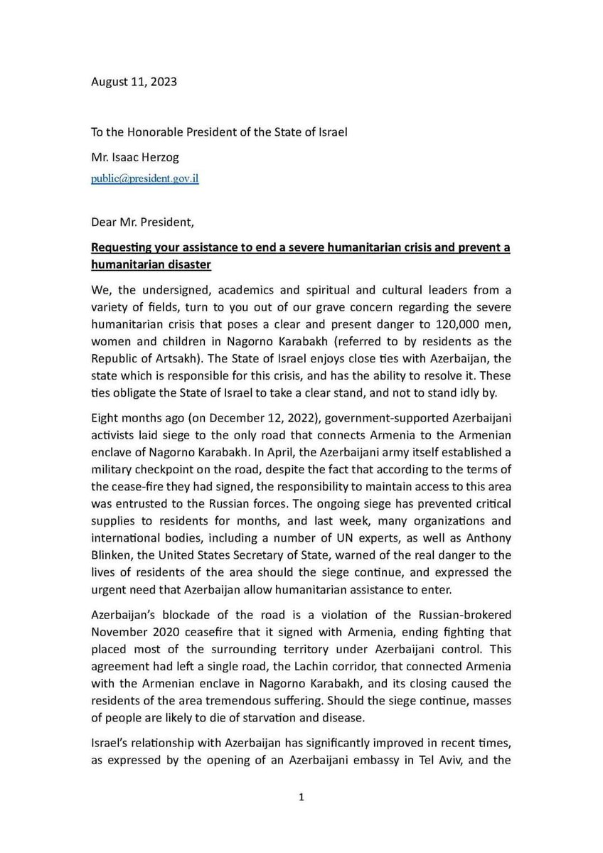 301arm's tweet photo. A group of Israeli academics, journalists, intellectuals, and activists composed a letter addressed to Isaac Herzog, the President of the State of Israel. 

They urged him to leverage his influence and ties in order to prevent a mass famine that threatens to befall the people of Artsakh (Nagorno Karabakh).