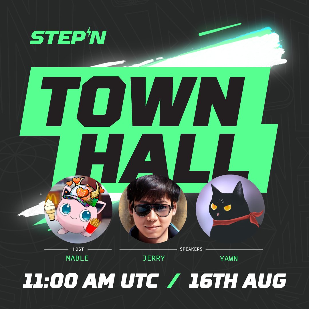 #STEPNTownhall August ☀️ 

📆 August 16th at 11am UTC
➡️ x.com/i/spaces/1ynKO…

Come listen to <a href="/Mable_Jiang/">Mable Jiang</a>, <a href="/yawn_rong/">Yawn Rong | We’re Hiring!</a> &amp; <a href="/Jerry10240/">Jerry</a> on #STEPN!🔥

🏆 RT &amp; Comment this tweet + Follow <a href="/Stepnofficial/">STEPN GO</a>, <a href="/mooarofficial/">MOOAR</a> and <a href="/GasHeroOfficial/">For more details, please refer to @2184Official</a> to enter a raffle for an OG Shoebox 🎁