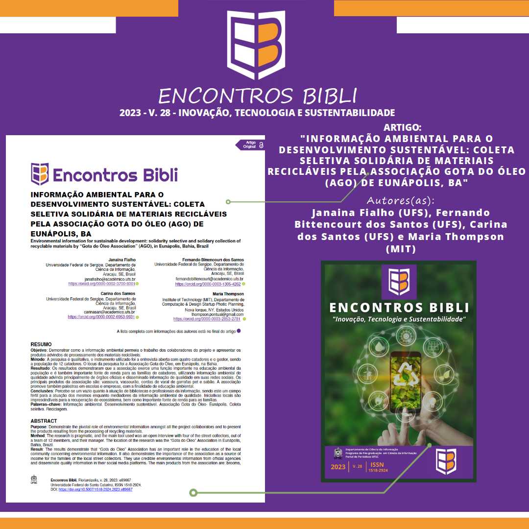 EncontrosBibli's tweet image. 📚Artigo: &quot;Informação ambiental para o desenvolvimento sustentável: coleta seletiva solidária de materiais recicláveis pela Associação Gota do Óleo (AGO) de Eunápolis, BA.&quot; doi.org/10.5007/1518-2… Autores: Janaina Fialho, Fernando B. dos Santos, Carina dos Santos e Maria Thompson