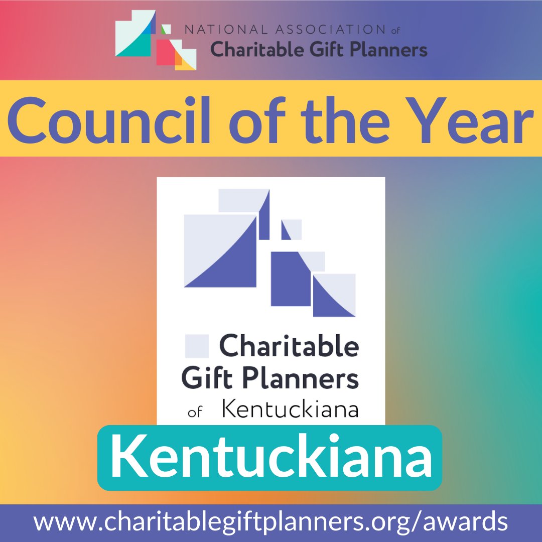 CGPnational's tweet photo. CGP is delighted to announce Charitable Gift Planners of Kentuckiana (CGPK) as 2023 Council of the Year. Their continued work drives the future of gift planning.
Learn more about CGPK: https://t.co/4pewBppKx6
#CGPConference #CharitableGiving #GiftPlanning #PlannedGiving #Awards https://t.co/SNLNgmnJkZ