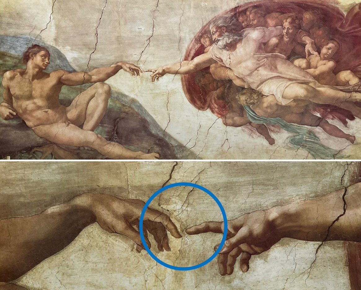 the_culturist_'s tweet photo. The Creation of Adam is the iconic ceiling fresco which forms a central panel of Michelangelo's magnum opus, the Sistine Chapel ceiling, completed in 1512. 

It depicts the moment in Genesis when God gives the gift of life to the first man, inspired by the passage: "Let us make man in our image, after our likeness."

A now-common observation is that God reaches out through what appears to be the prefrontal cortex of an anatomically correct human brain, represented here by a crimson cloak. This was the famous claim published by American doctor Frank Lynn Meshberger in 1990.

Although Michelangelo is not explicitly known to have studied the brain, he is well known to have been a master anatomist, who began conducting his own dissections as early as his teenage years.

As the prefrontal cortex is the key area of the brain which deals with creative thinking, and because Adam is depicted already alive and conscious, it appears God is not just giving life to Adam, but bestowing upon him the gift of artistic creativity - the talent that Michelangelo believed was a divine gift to him.

In the remarkable composition, the fingers of Adam and God famously do not touch, reflecting that man can never obtain divine perfection.

But my favourite detail is that the finger of God is fully extended whilst Adam's is not. The implication - to find God, we need only reach towards him as vigorously as he reaches towards us.