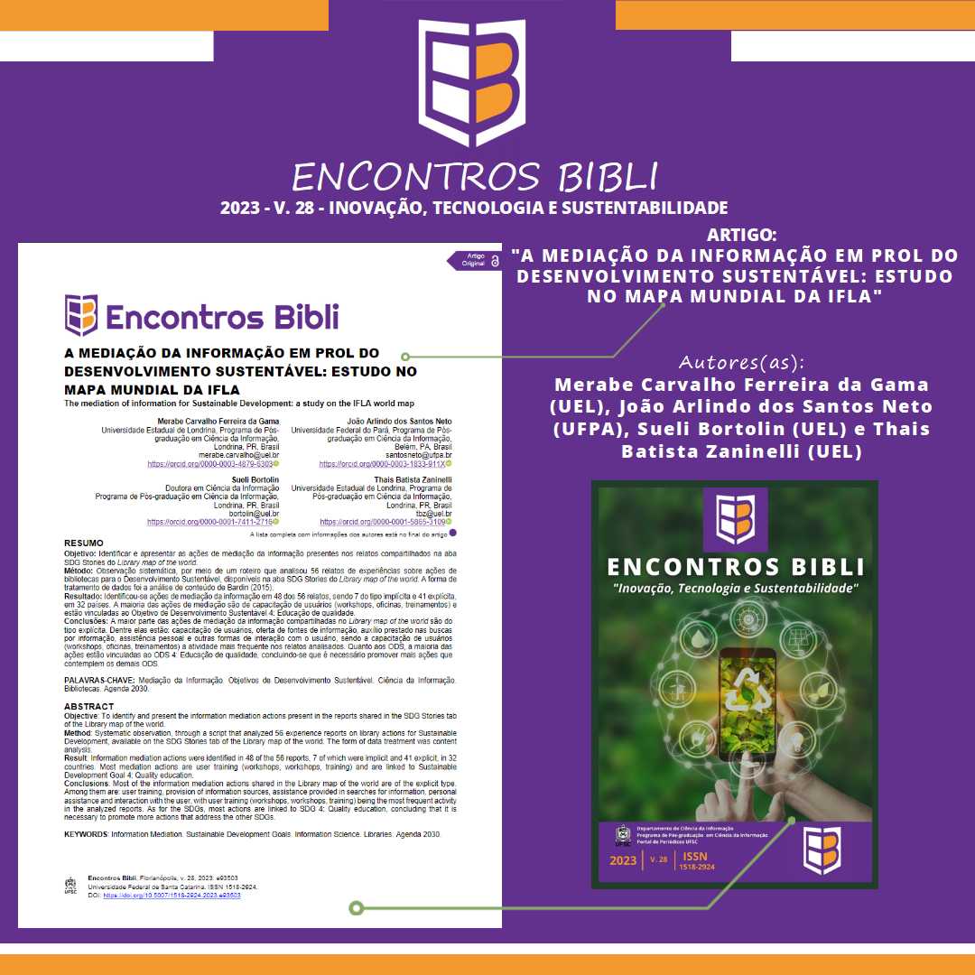 EncontrosBibli's tweet image. 📚Artigo: &quot;A Mediação da informação em prol do Desenvolvimento Sustentável: estudo no mapa mundial da IFLA.&quot; Link👉doi.org/10.5007/1518-2…, Autores: Merabe Carvalho Ferreira da Gama (UEL), João Arlindo dos Santos Neto (UFPA), Sueli Bortolin (UEL) e Thais Batista Zaninelli (UEL)