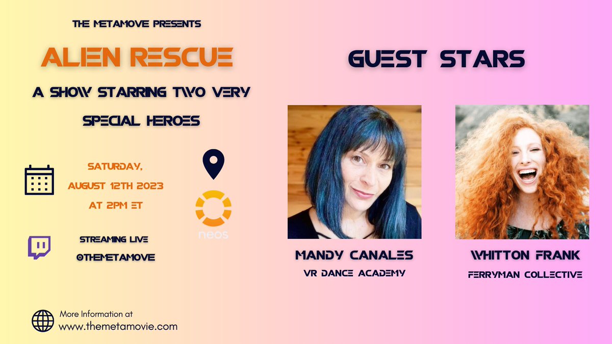 Get ready to be dazzled and amazed on Saturday, August 12th at 2 pm ET as #AlienRescue takes the virtual stage! Thrilled to welcome TWO extraordinary guests: Mandy Canales (@mycana_vr) from <a href="/VRDanceAcademy/">The VR Dance Academy</a> and Whitton Frank (<a href="/Whittonfrank/">Whitton Frank</a>) from <a href="/Ferryman_VR/">Ferryman Collective</a>! Hero tickets are