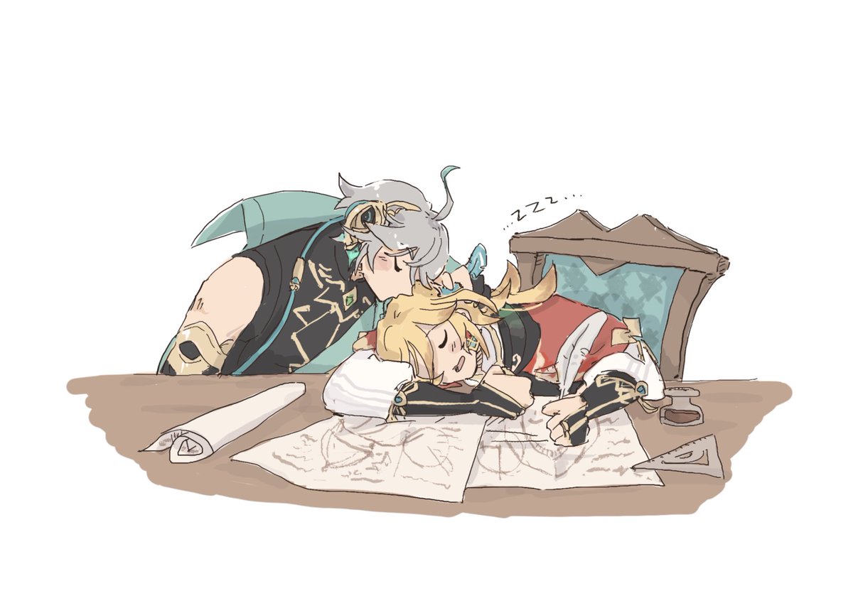 lumine (genshin impact) sleeping 1girl blonde hair zzz 1boy grey hair bangs  illustration images