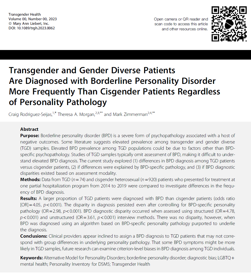 Online now in @TransgenderHlth Trans & gender divers patients given Borderline PD diagnosis more than cisgender patients, & does not align with self-reports of maladaptive personality or other covariates. We add this to our research on bias A 🧵 liebertpub.com/doi/abs/10.108…