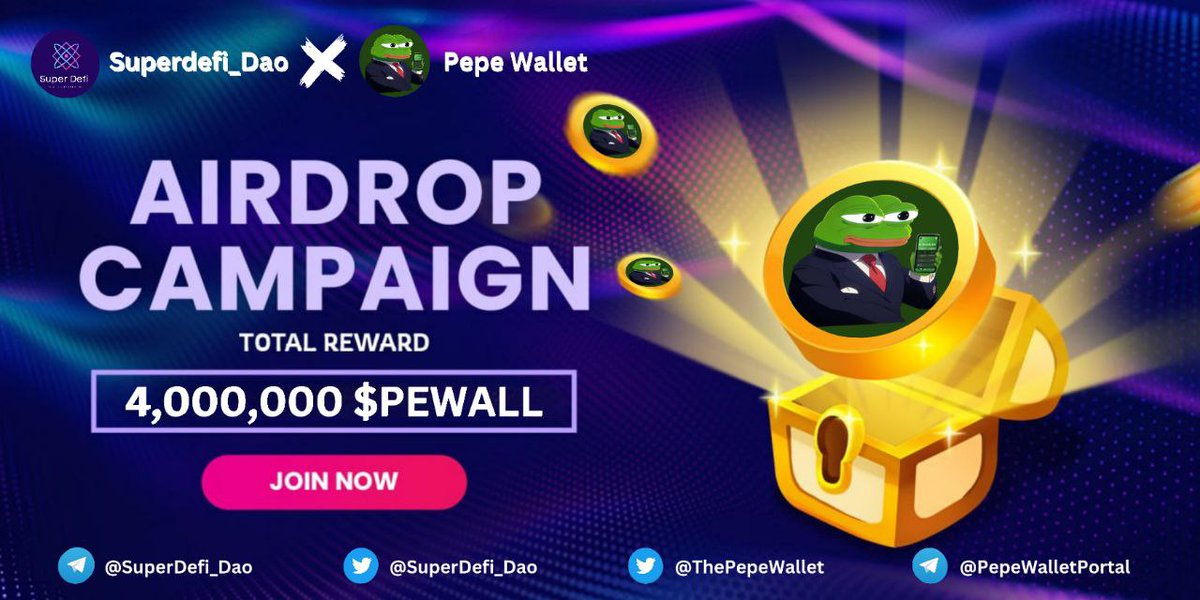 🤝 New Partnership Announcement With @ThePepeWallet 🎁 Giveaway Total :- 4,000,000 $PEWALL 1️⃣ Follow @ThePepeWallet & @SuperDefi_Dao 2️⃣ Like, RT and Tag 3 Friends 3️⃣ Must Join Our Telegram t.me/SuperDefi_Dao 4️⃣ Finish #All_Task ⤵️ s.giveaway.com/11aop1c 📝Learn more