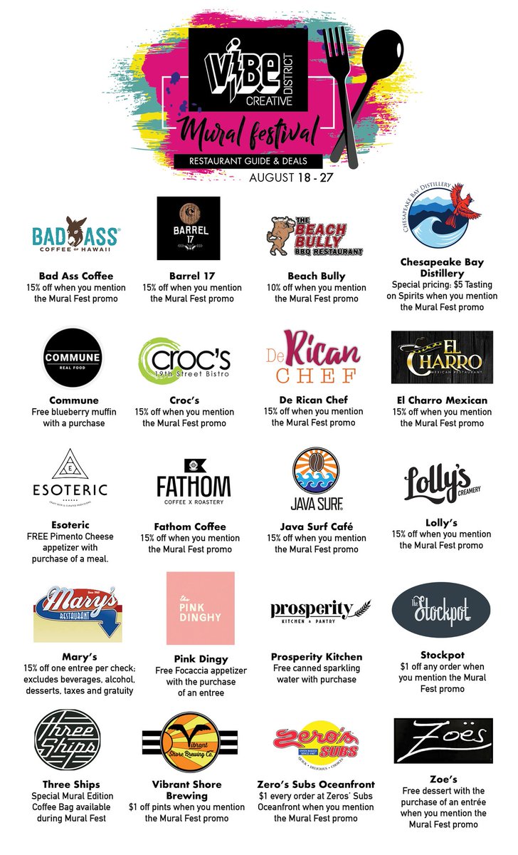 Many thanks to our culinary arts partners in the ViBe District for offering up these great deals for the 6th Annual ViBe Mural Festival coming up August 18-27 in Virginia Beach!

vibecreativedistrict.org/event/vibe-mur…