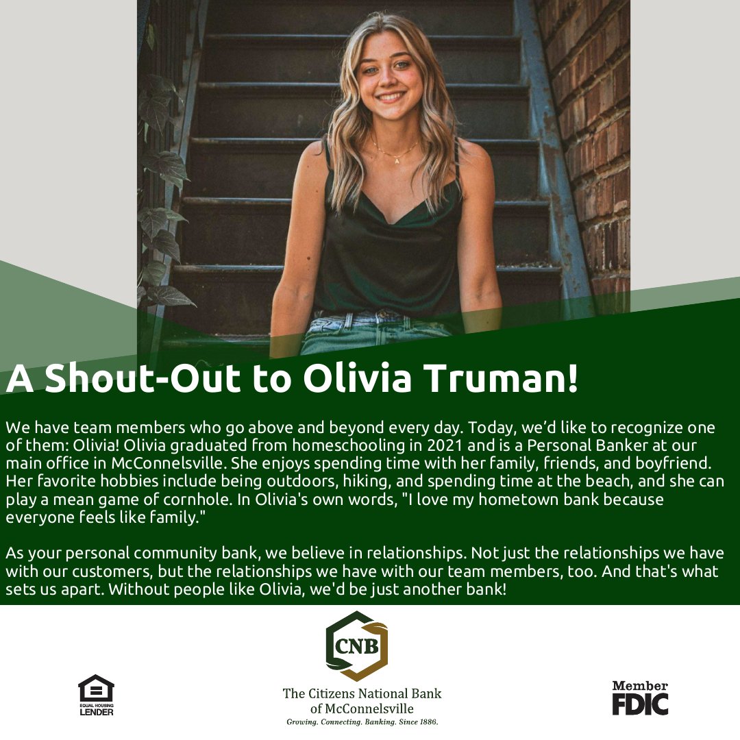Today is #FeatureFriday! The spotlight is on Olivia Truman today. Thanks for all that you do! #banklocal #cnbmoco