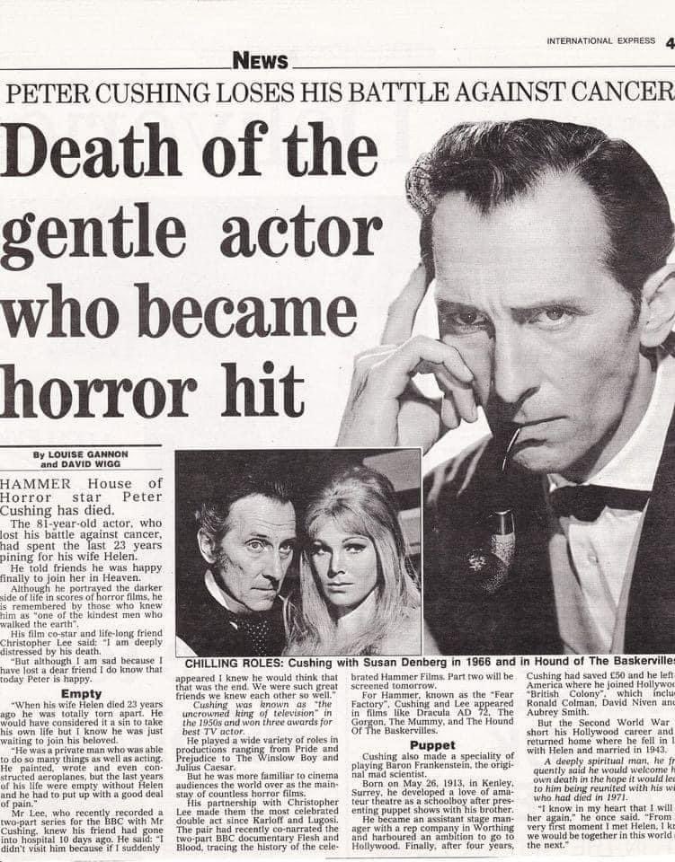 sherlockeditor's tweet photo. It was 29 years ago today that Peter Cushing, OBE (26 May 1913 – 11 Aug 1994) died. A fine actor in every sense, a terrific #SherlockHolmes, he brought class, charm and ability to every role. Here's to the memory of Peter Cushing, the gentleman and gentle man of horror! https://t.co/g0g67jwbuN