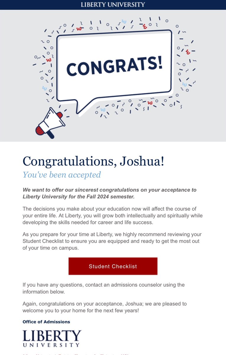 Dreams do come true, my first application submitted and my first acceptance letter 📚✝️  <a href="/BMHS_to_College/">BMHS_to_College</a> <a href="/BMHSMustangs/">Bishop McNamara HS</a> <a href="/BMHS_Baseball/">McNamara Baseball</a>  <a href="/LibertyU/">Liberty University</a> <a href="/ExperienceLU/">Liberty University Resident Admissions</a> <a href="/LibertyBaseball/">Liberty Baseball</a>