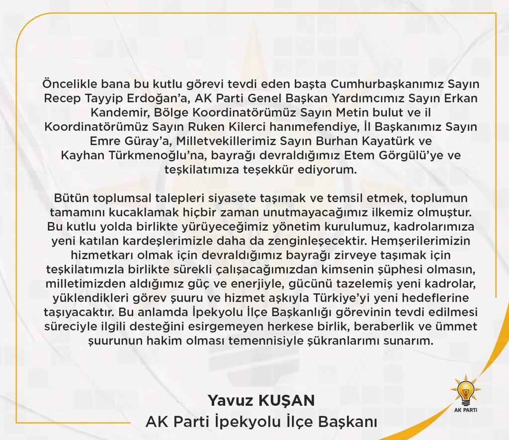 Çalışkanlığınla her zaman bizleri kendine hayran bıraktın. Emeklerinin karşılığını aldığını görmek paha biçilemez.Size  tevdi edilen bu görevin Vanımıza ve  Ak parti Teşkilatına  hayırlı olmasını diliyorum. Başarılarının devamını dilerim Başkanım.