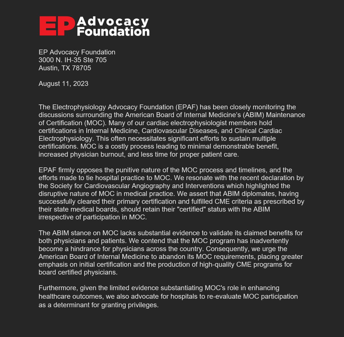 EP Advocacy Foundation (@ep_advocacy) on Twitter photo EPAF is firmly opposed to the <a href="/ABIMFoundation/">ABIM Foundation</a> Maintenance of Certification program. Thank you <a href="/SCAI/">SCAI</a> for standing up for your members. We hope that <a href="/ACCinTouch/">American College of Cardiology</a>, <a href="/HRSonline/">Heart Rhythm Society</a>, and <a href="/AHAScience/">AHA Science</a> follow SCAI's lead. #EndMOC
CC: <a href="/AaronGoodman33/">Aaron Goodman - āPapa Hemeā</a> <a href="/DrJMarine/">Joseph Marine</a> EPAF is firmly opposed to the <a href="/ABIMFoundation/">ABIM Foundation</a> Maintenance of Certification program. Thank you <a href="/SCAI/">SCAI</a> for standing up for your members. We hope that <a href="/ACCinTouch/">American College of Cardiology</a>, <a href="/HRSonline/">Heart Rhythm Society</a>, and <a href="/AHAScience/">AHA Science</a> follow SCAI's lead. #EndMOC
CC: <a href="/AaronGoodman33/">Aaron Goodman - āPapa Hemeā</a> <a href="/DrJMarine/">Joseph Marine</a>