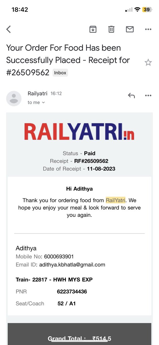 RockstarRuthvik's tweet photo. @RailYatri @ryfoodontrain @RailwaySeva @RailMinIndia 

Ordered food on RailYatri app for delivery at Kharagpur but the food has not been delivered &amp; train has already passed Kharagpur station. Details attached below.
Please refund the amount asap. https://t.co/GFpQfQSI77
