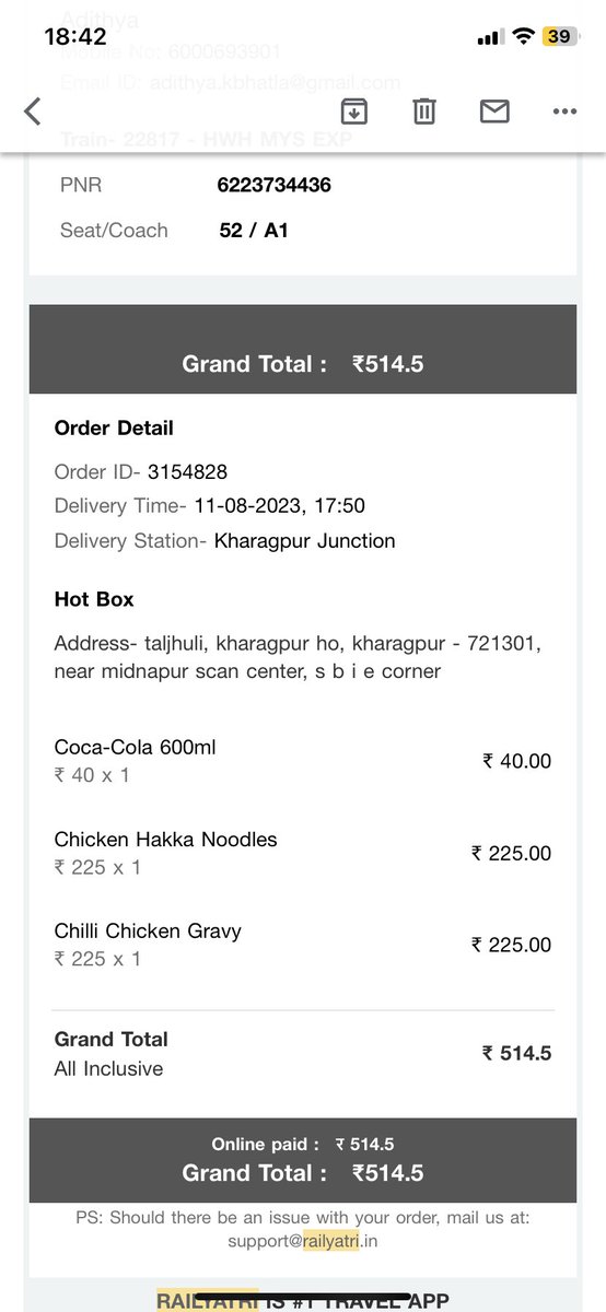 RockstarRuthvik's tweet photo. @RailYatri @ryfoodontrain @RailwaySeva @RailMinIndia 

Ordered food on RailYatri app for delivery at Kharagpur but the food has not been delivered &amp; train has already passed Kharagpur station. Details attached below.
Please refund the amount asap. https://t.co/GFpQfQSI77