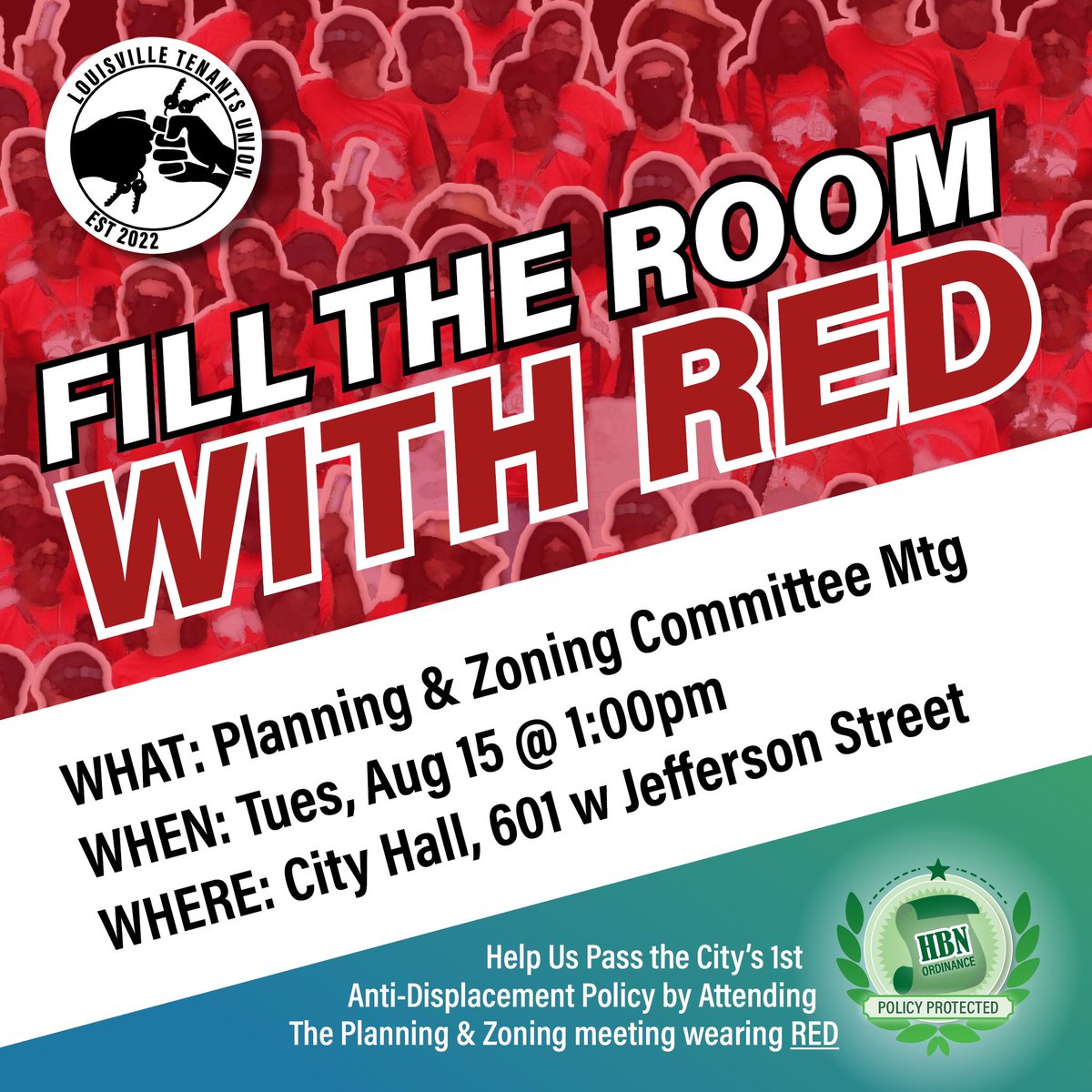 [Action Alert] The Rent's Too Damn High! Help us pass #Louisville 's 1st Anti-Displacement #FairHousing ordinance by standing with residents on Aug 15th @ 1:00 pm at City Hall. Wear RED!  #HBNO #PolicyProtected  #EndCorporateWelfare  #STOPGentrification