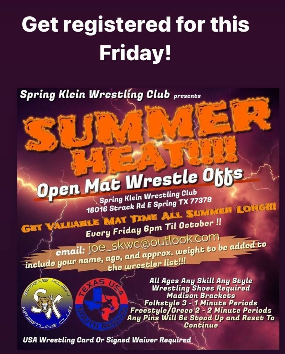 WrestlingSk's tweet photo. Another night of wrestling!! Come see what you got before the season starts!! Starting at 6 pm. #TexasWrestling #Folkstylewrestling #Openmat https://t.co/ED82hDOcUr