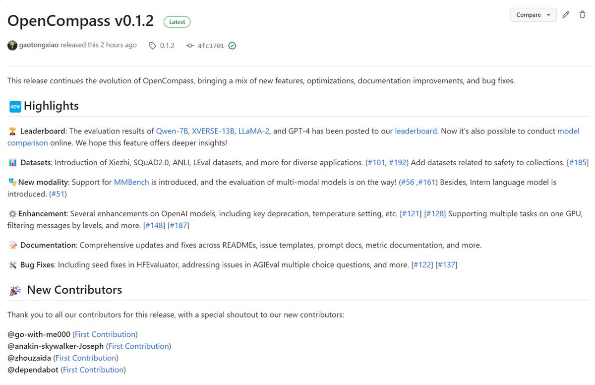 OpenMMLab's tweet image. 🥳Model comparison is now live! Dive in for deeper insights!  #OpenCompass #AI #ChatGPT #GPT4 #Llama2
👉opencompass.org.cn/model-compare/…
🥳Proudly announcing support for the #LEval dataset!
👉github.com/OpenLMLab/LEval
🥳OpenCompass v0.1.2 Release