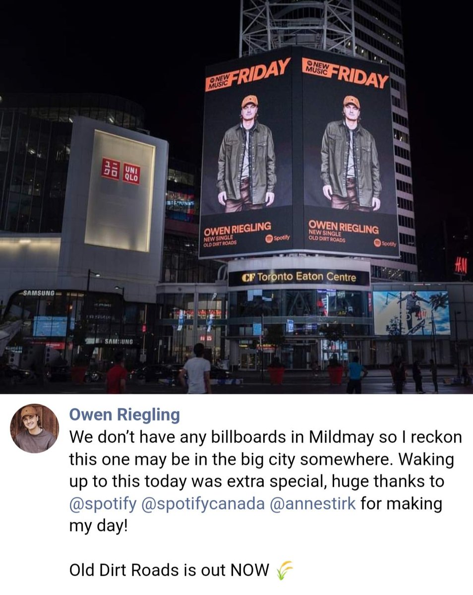 I was only drinking with this guy on Monday, and today he's on the boards at the Eaton Centre...what a great guy and we wish him all the very best at the start of what will be an amazing journey #Toronto #owenriegling @owenriegling #thenextbigthing #countrymusic