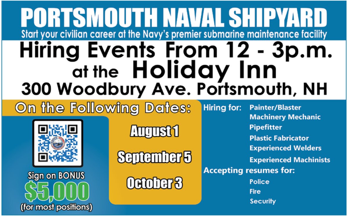 Come join the team at Portsmouth Naval Shipyard & start your civilian career at the Navy's premier #submarine maintenance facility! Scan the QR code for more info & plan to attend a #hiringevent soon! #nowhiring #jobs #jobsearch #job #jobposting #portsmouthnh #keepitlocalmaine