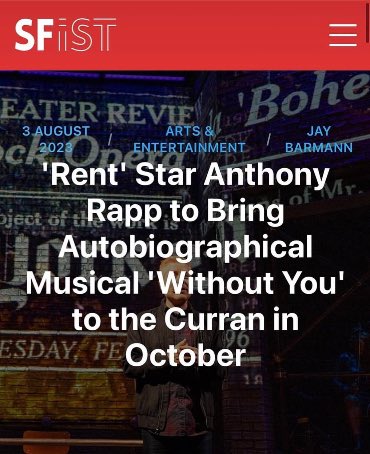 anthonyrappfans's tweet photo. «Without You» is coming to San Francisco's Curran Theater!! 
Beginning Thursday, October 19 and running through Sunday, October 22, 2023.

@albinokid 
@withoutyoushow 
@rfpchris 
@ROYALFAMILYPRO https://t.co/O2YsW99bvL
