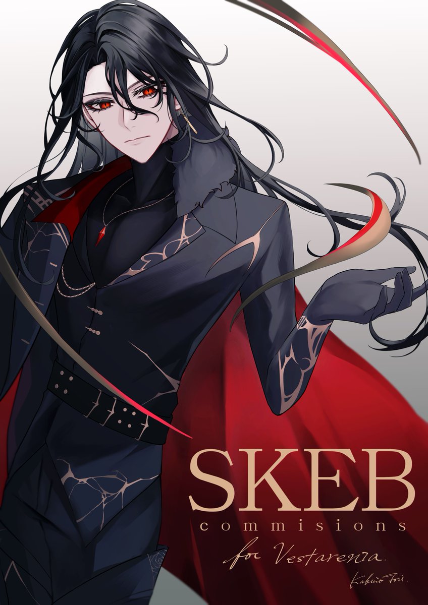 black hair red eyes long hair 1boy male focus gloves solo  illustration images