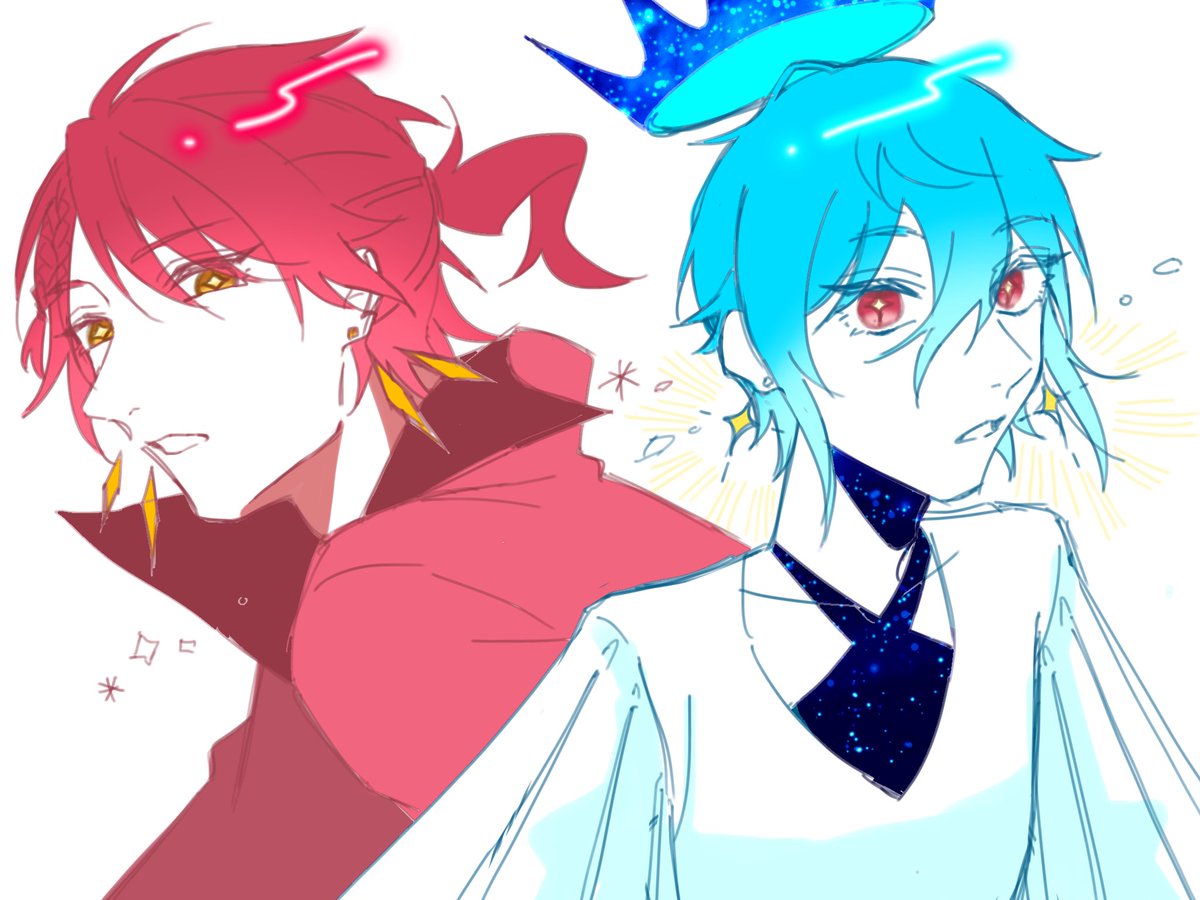 multiple boys 2boys red hair earrings jewelry red eyes blue hair  illustration images