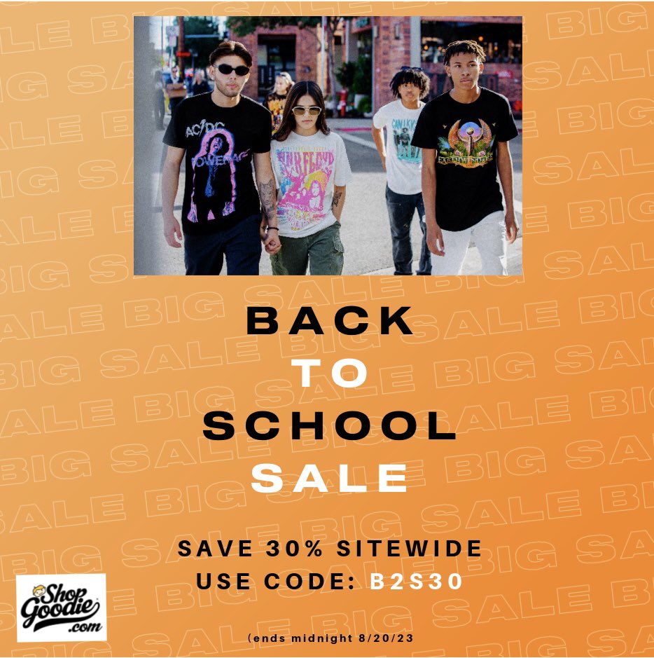 Back To School Sale going on now! Save 30% off everything on our shop with code: B2S30

#backtoschool #bandmerch #licensedtees #onlineshopping #b2s #sale #gts #goodietwosleeves