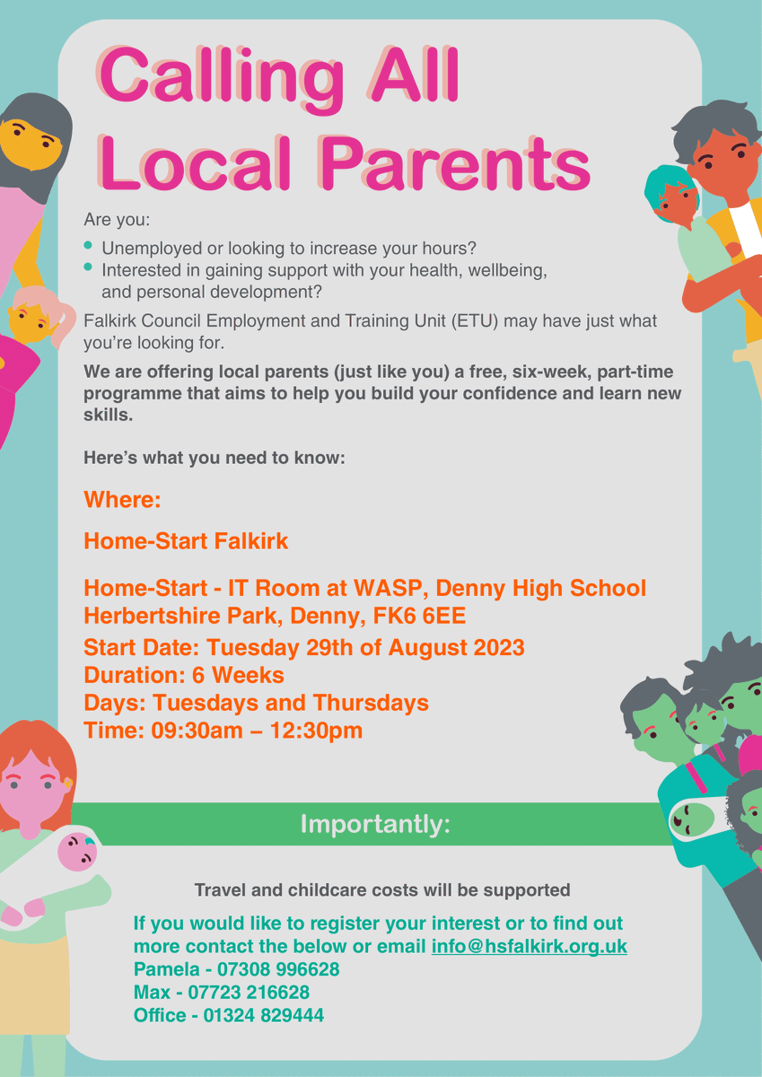 LibFalkirk's tweet photo. Calling all  parents...ETU may be able to help if you are:
Unemployed or looking to increase your hours?
Interested in gaining support with your health, wellbeing, and personal development?

Get in touch by calling 01324 504408 or email etu@falkirk.gov.uk to find out more. https://t.co/pv8nZfScRd