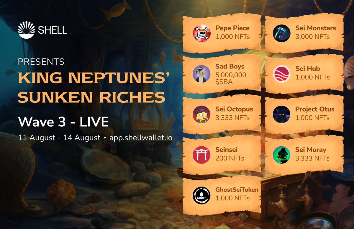 🔱 **KING NEPTUNES SUNKEN RICHES** 👑 🌊 It's time for the Third Wave of #Airdrops, Seilors! 🔥 Snag some awesome NFT & Token rewards with super cool utilities from 9 fantastic projects. ✅ Grab them at: app.shellwallet.io ⏳ Duration: 2PM UTC Aug 11 - Aug 14 🪪 Your…