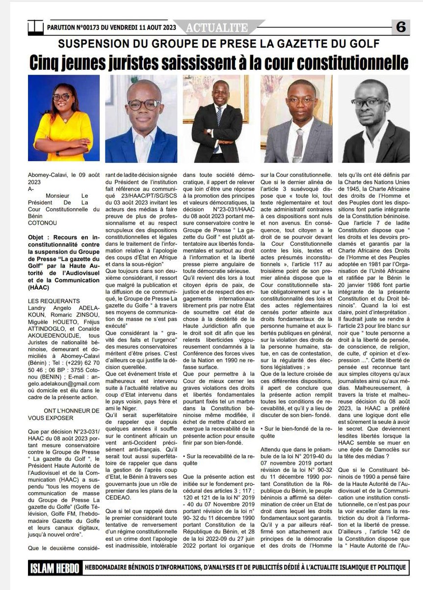 LandryAdelakoun's tweet photo. #Benin recours contre la décision suspendant le groupe de presse "La gazette du golfe"
 https://t.co/uw3w52kcxk

https://t.co/aUbWb8yO6i

https://t.co/5Hv6dl5Jm8

https://t.co/SHzUnTK4cn

#Liberty #HumanRighs #banouto #islamohebdo #beninintelligent #libreexpress #linvestigateur https://t.co/Qqq1DPEZ9t