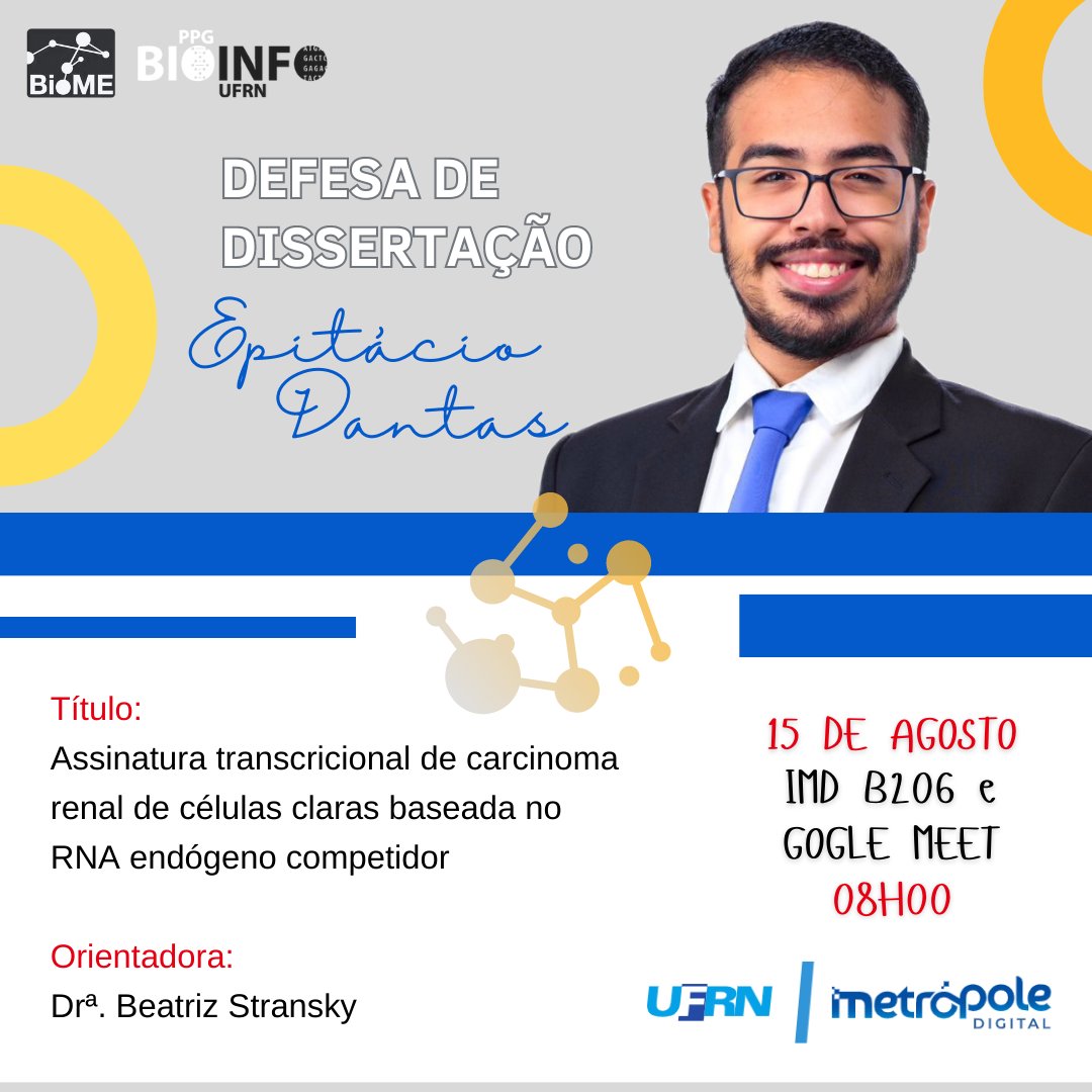 Mais um de nossos alunos chega à etapa final de sua pesquisa.

Venha prestigiá-lo e acrescentar seus conhecimentos sobre pesquisas em bioinformática :)

Para acompanhar online, acesse: meet.google.com/gfj-ogvg-kdb
