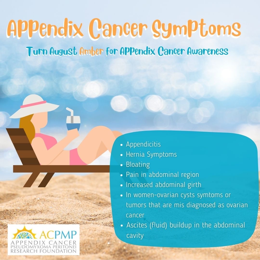 CancerIowa's tweet image. Appendix cancer is very rare, and symptoms can look like other illnesses. Here are some symptoms to look out for, provided by @acpmpresearch #AugustForAppendixCancer