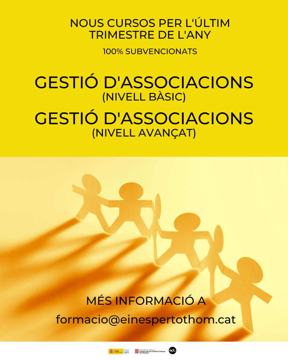EinesPerTothom's tweet photo. NOUS CURSOS PER L'ÚLTIM TRIMESTRE DE L'ANY
100% subvencionats

Vols gestionar una associació o créixer en capacitació per fer-ho?
Doncs un d'aquests són el teu curs.

#FormacióSubvencionada #Curs #Cursos #Conforcat #Associació #TercerSector #Entitats #Granollers #VallèsOriental https://t.co/NMdPCr3YXN