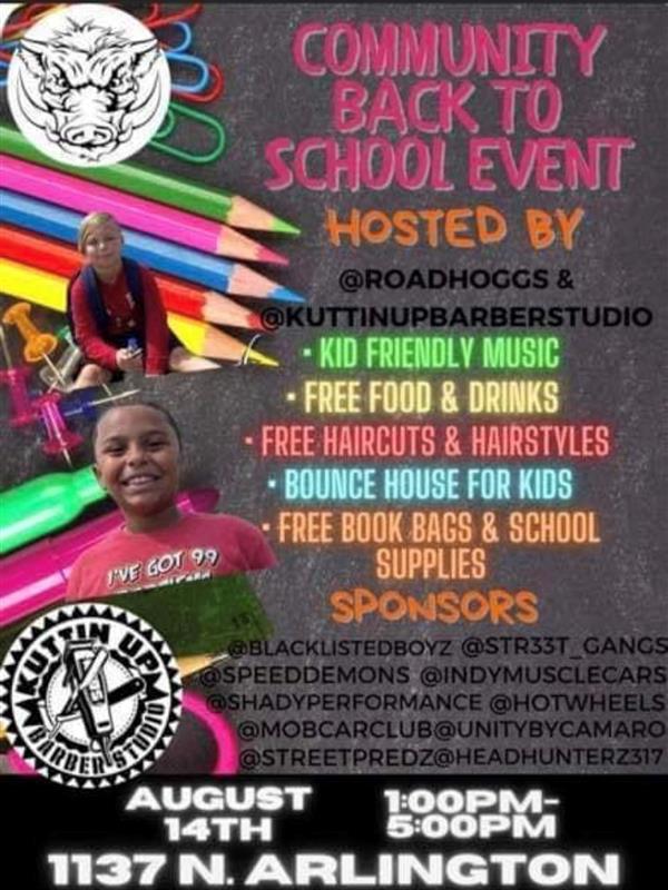Join us at the Community Back to School event hosted by Roadhoags and Kuttin Up Barber Studio on August 14th from 1-5 pm at 1137 N. Arlington Rd. Enjoy free refreshments, haircuts, bounce houses, music, and free school supplies.
