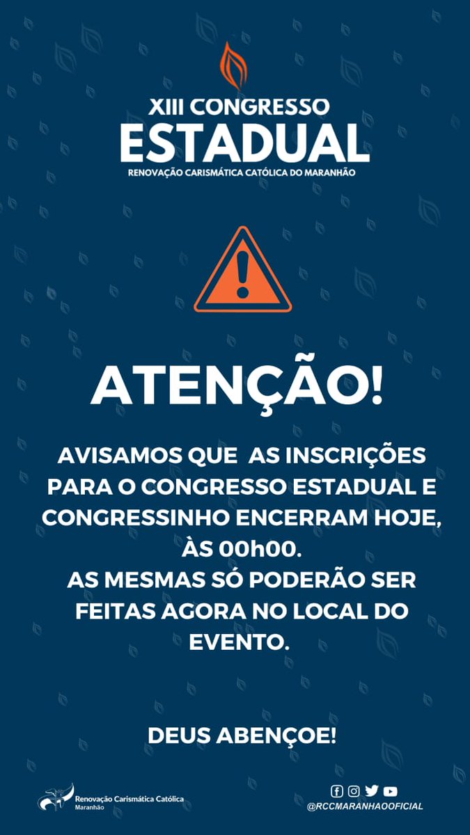 rccma's tweet photo. Último dia pra garantir a sua inscrição do XIII CONGRESSO ESTADUAL. Após a data de hoje, só aceitaremos novas inscrições no local do evento. 💙🧡
#Rccmaranhaooficial
#CongressodoLouvor
#Congressoestadualrccma
#XIIICongressoEstadual
#FortaleceivosnoSenhor
#Rccma #IgrejaCatolica https://t.co/sPoDiRRMrI