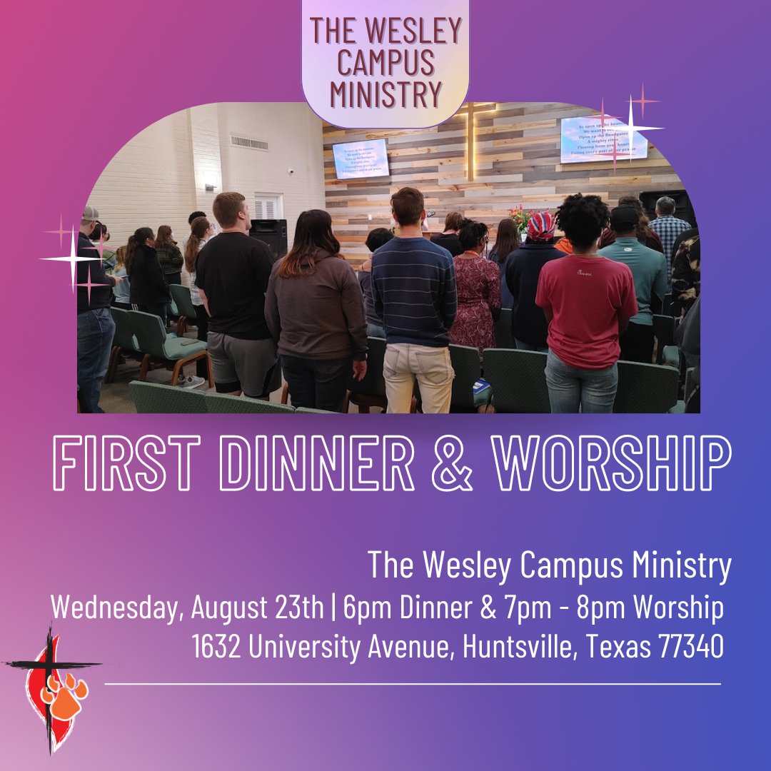 SHSUWesley's tweet photo. First Dinner and Worship of the 2023 Academic Year! 
Join us on, 8/23/23, for a chance to learn more about the Wesley Campus Ministry!

#worship #worshipmusic #shsu #shsu2027 #classof2027 #classof27 #wesleycampusministry #freefood https://t.co/oeLh7wdP36