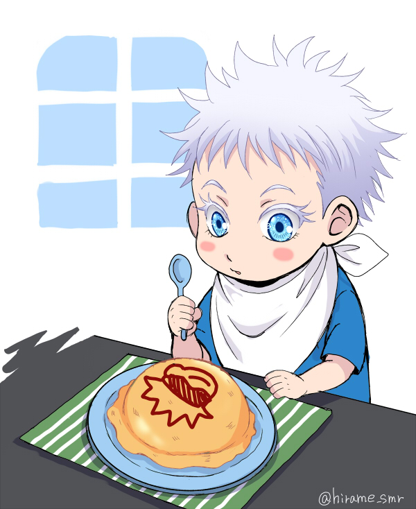 blue eyes spoon food omurice solo omelet short hair  illustration images