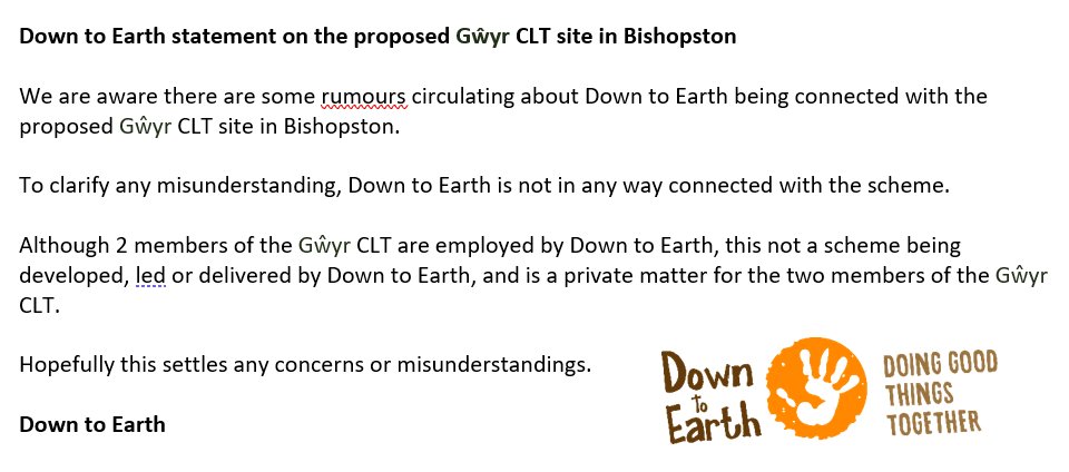 hello everyone - please see our statement on the proposed Gŵyr CLT site in Bishopston @GwyrCLT @LyndonRJones1 @SwanseaCouncil @ToniaAntoniazzi @JulieJamesMS @Cwmpas_Coop @CllrAndreaLewis @CllrRobStewart @CCLHCymru