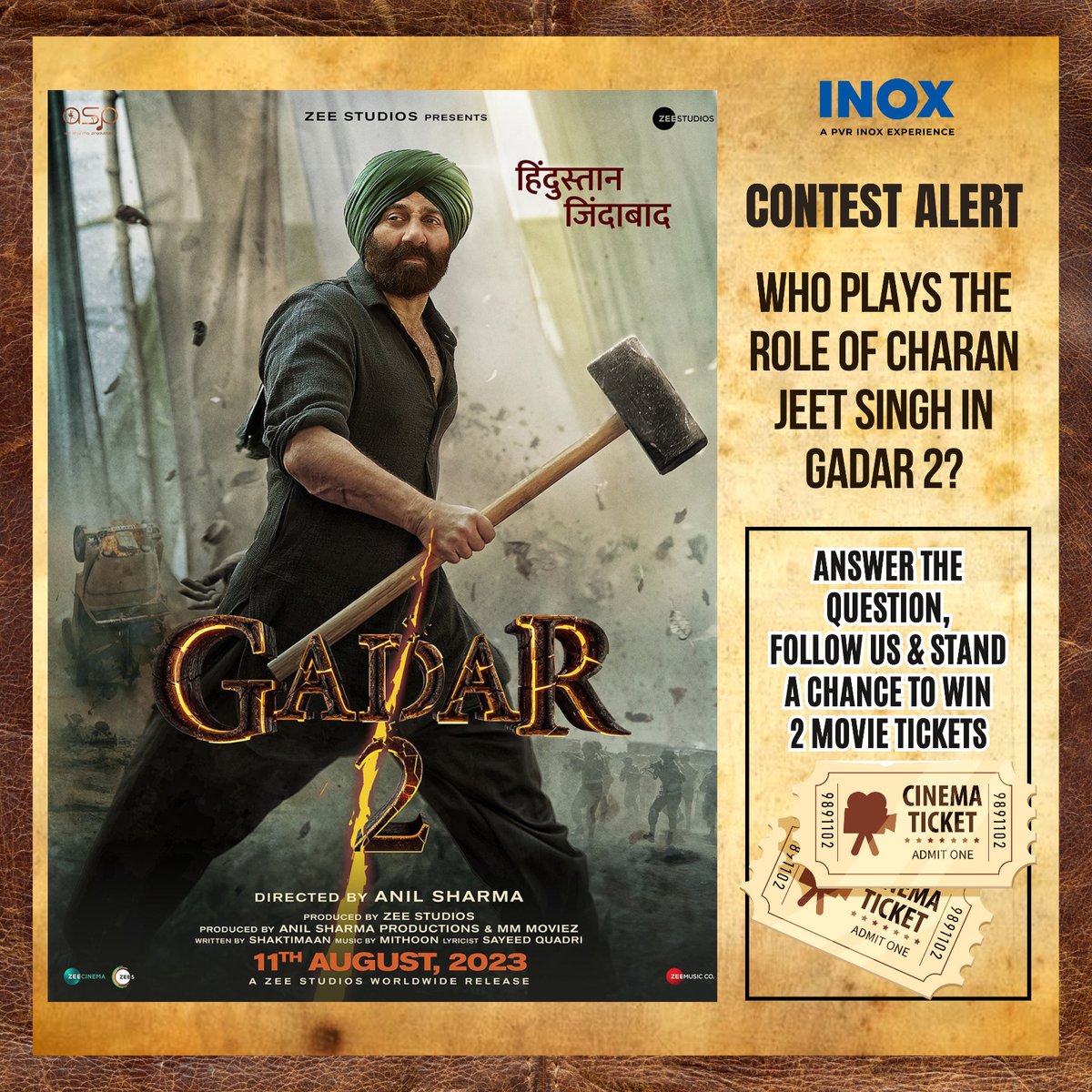 #Gadar2 #ContestAlert at #INOX! 🍿
.
Assemble Sunny Deol fans, It’s time to get in to the world of Gadar 2 with our ultimate quiz contest! 🎥
🌟 Test your knowledge of this epic story of sacrifice, and patriotism. From heartwarming moments to unforgettable dialogues.

Stand a